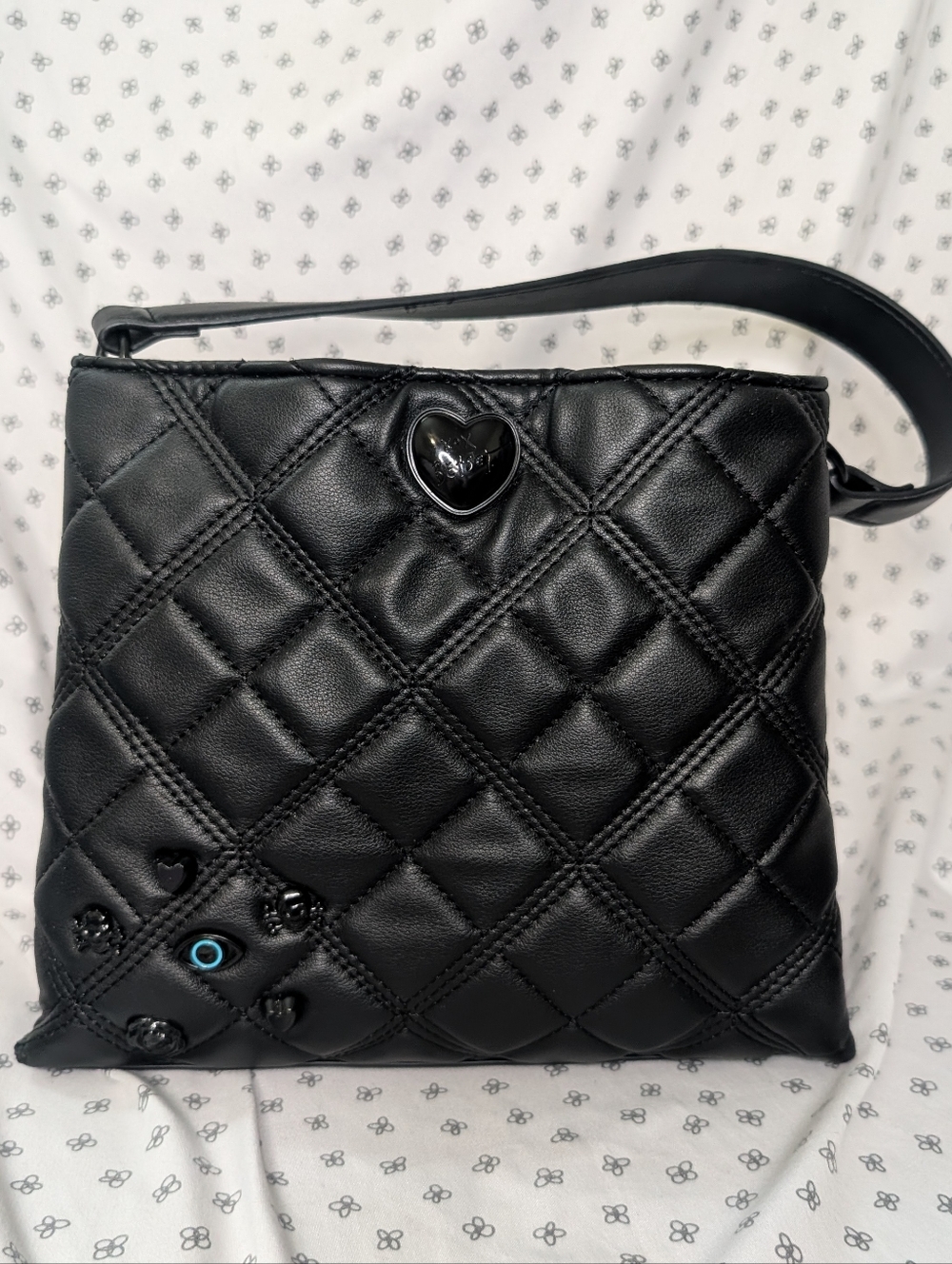 Betsey Johnson Black Quilted Xowally Purse Skull Hearts Evil Eye W/Long Strap